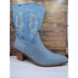 NEW WILD DIVA women's rhinestone mid-calf cowgirl boot in blue